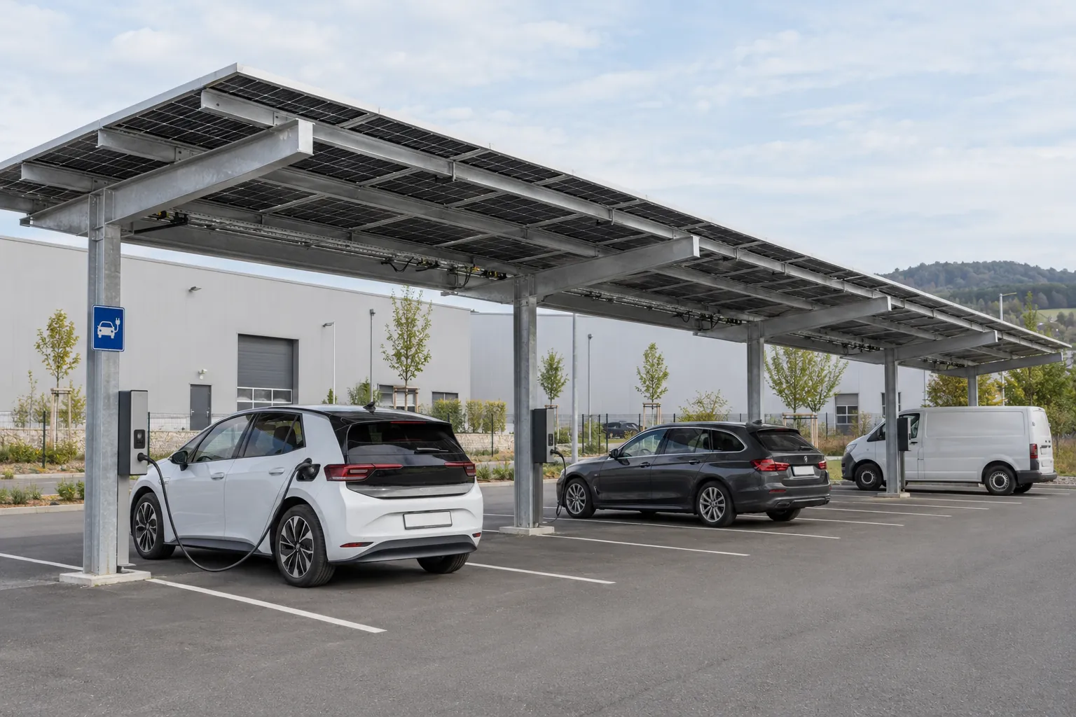 Visualisierung: Solar-Carport mit Ladepunkten auf einem Firmenparkplatz bei Tag