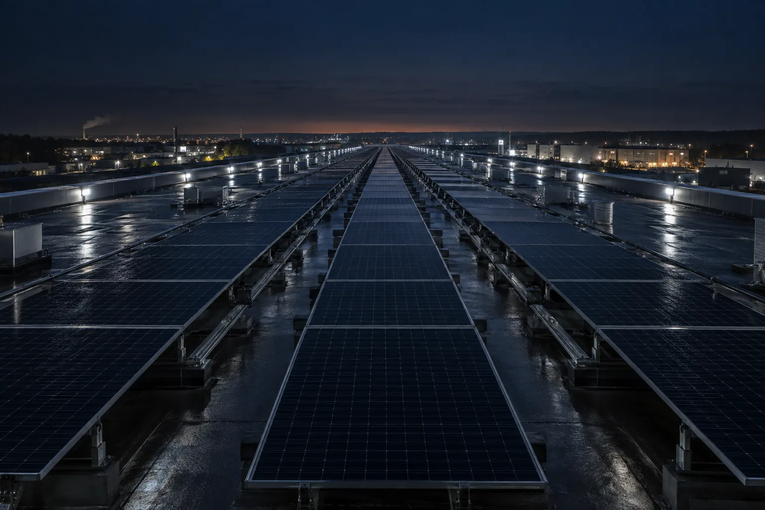 Visualisierung: Solarmodule in langen Reihen bei Nacht