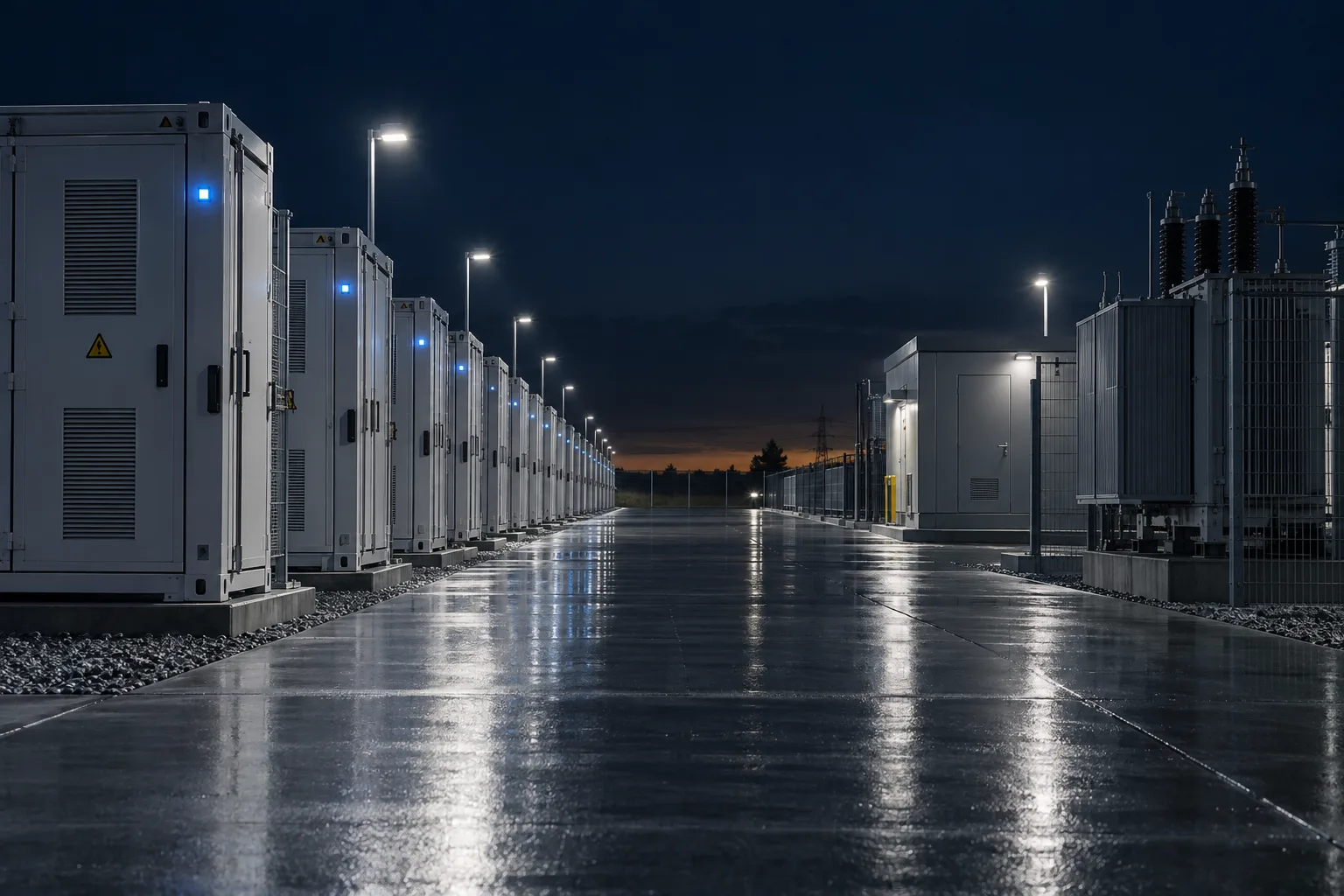 Visualisierung: gewerbliche Batteriespeicher bei Nacht